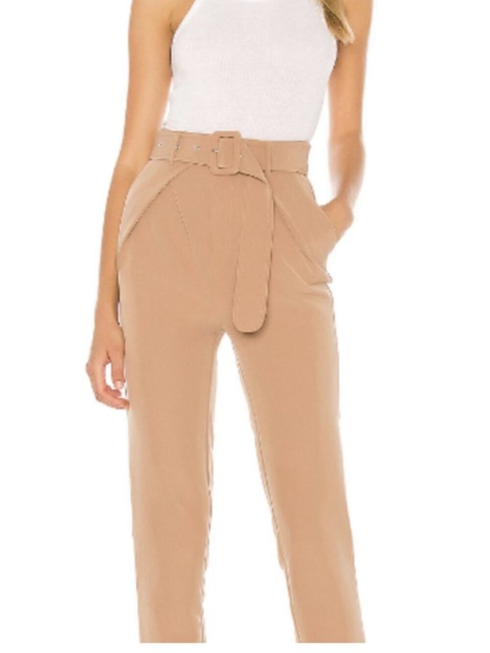 Camila Coelho Azora Pant Nude Toffee Camel Belted High Waist Tapered Trouser XS